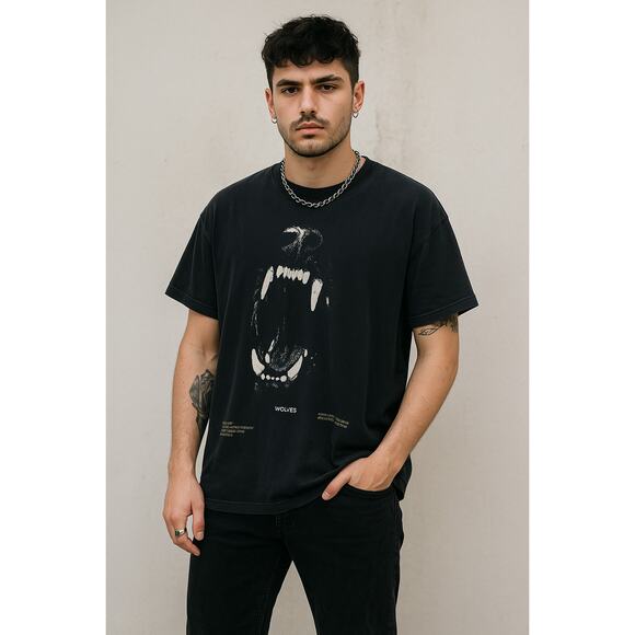Darc Sport T-Shirt Mens Medium‎ Black Wolves Teeth Oversized Goth Short Sleeve - Picture 1 of 11